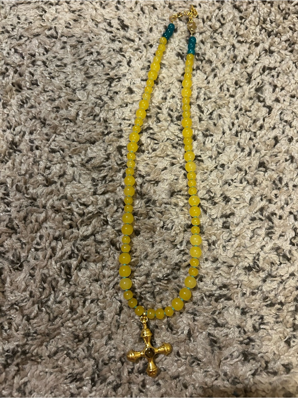 Yellow Beaded Cross Necklace - Gold Accent